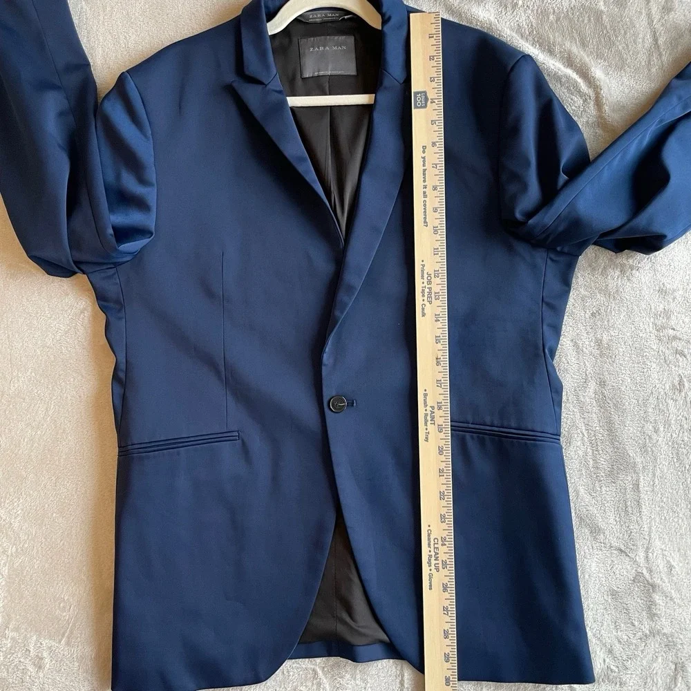 Zara High Sheen Satin Sport Coat EURO Sz 54 Blue Viscose Blazer Jacket US 22